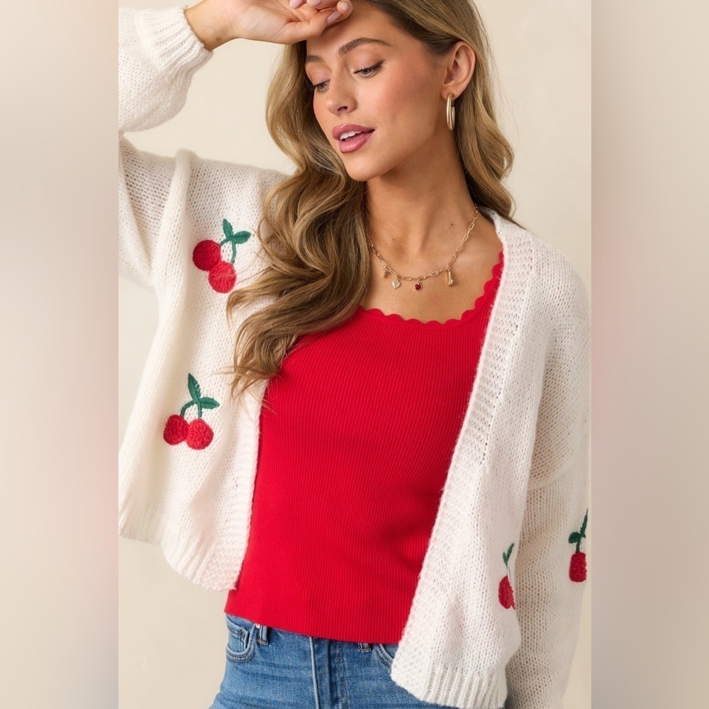 Love Tree Cherry Embroidered Knit Cardigan
